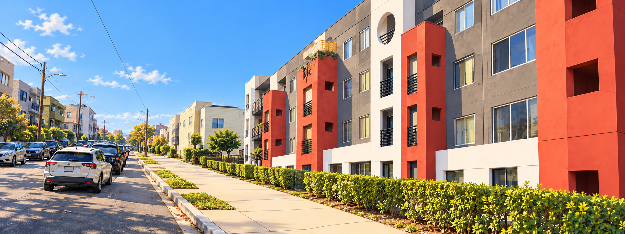 Sunlit apartment building with warm red, charcoal and white facades